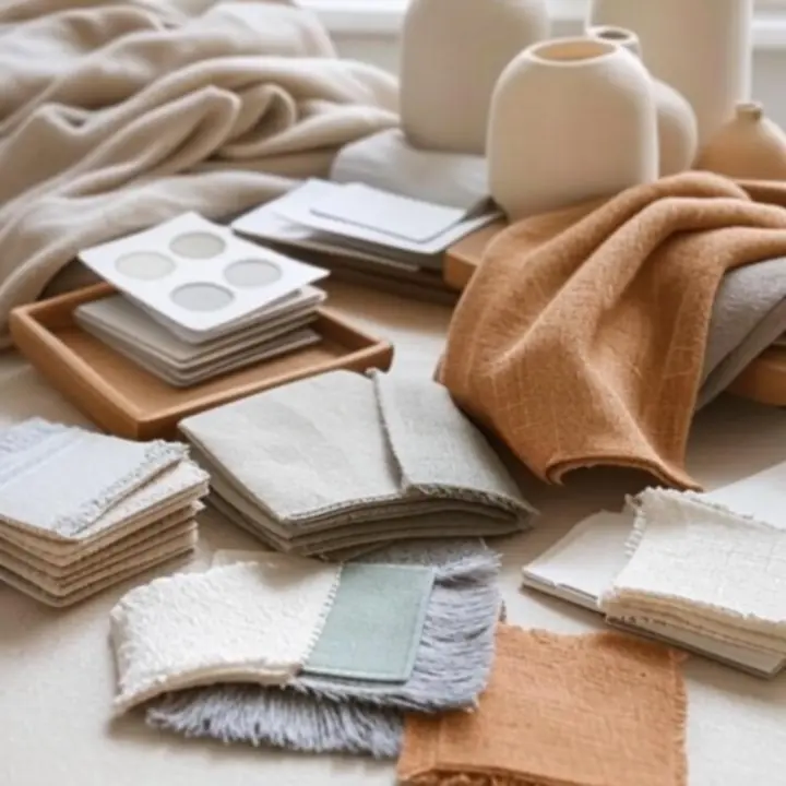 Próbki tkanin i paleta kolorów w odcieniach szałwi, beżu i drewna