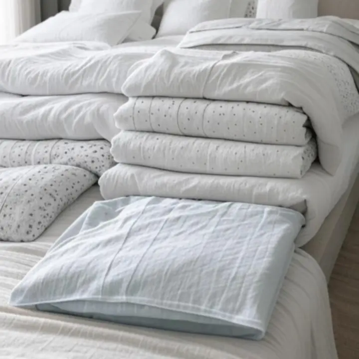 Łóżko z jasną, warstwowo ułożoną pościelą w naturalnych odcieniach